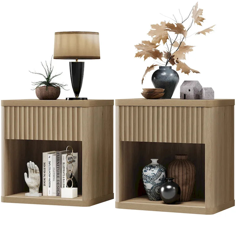 Tables de chevet cannelées grises/noires/beiges avec tiroir et étagère ouverte, lot de 2