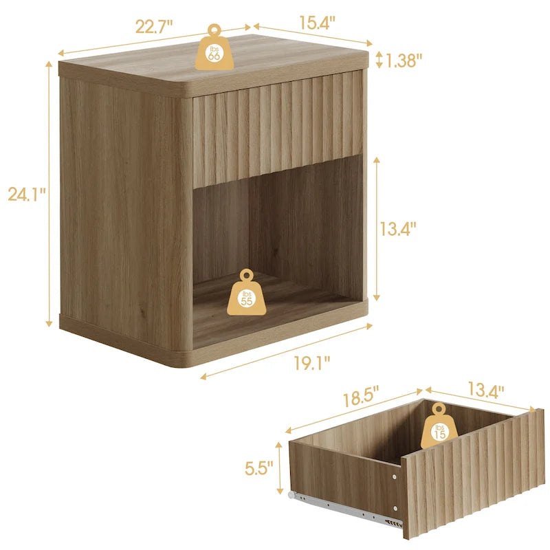 Tables de chevet cannelées grises/noires/beiges avec tiroir et étagère ouverte, lot de 2