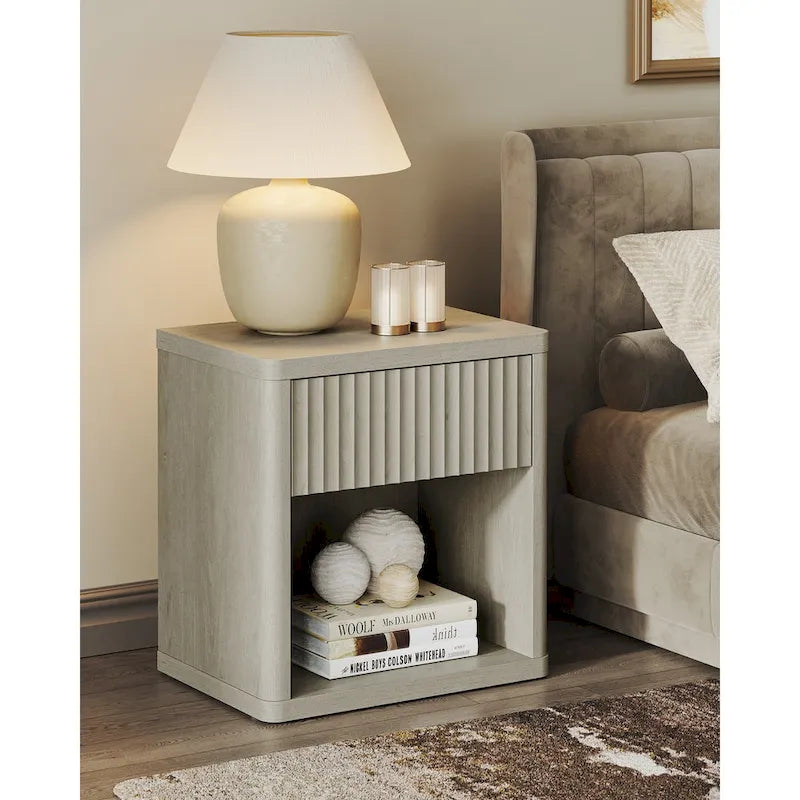 Tables de chevet cannelées grises/noires/beiges avec tiroir et étagère ouverte, lot de 2
