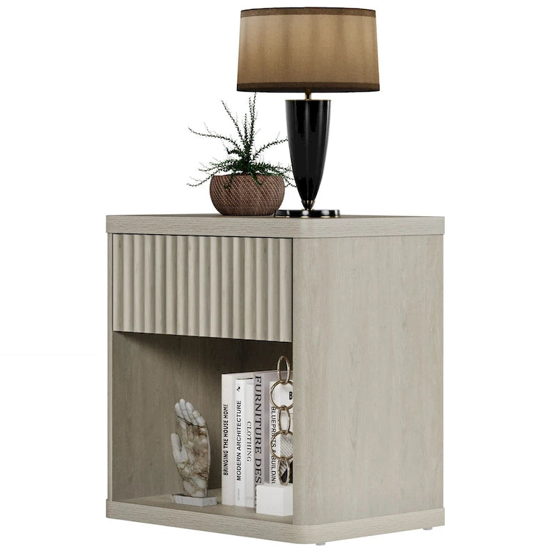 Tables de chevet cannelées grises/noires/beiges avec tiroir et étagère ouverte, lot de 2