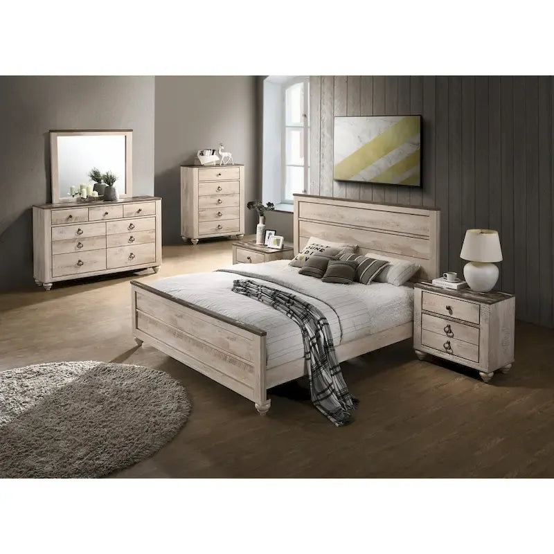Ensemble de chambre à coucher King rustique blanchi, 6 pièces