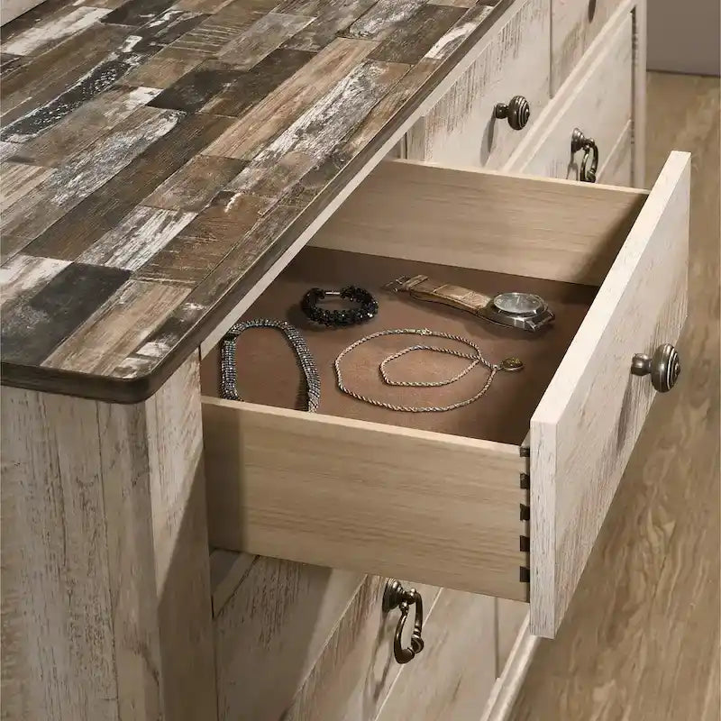 Ensemble de chambre à coucher King rustique blanchi, 6 pièces