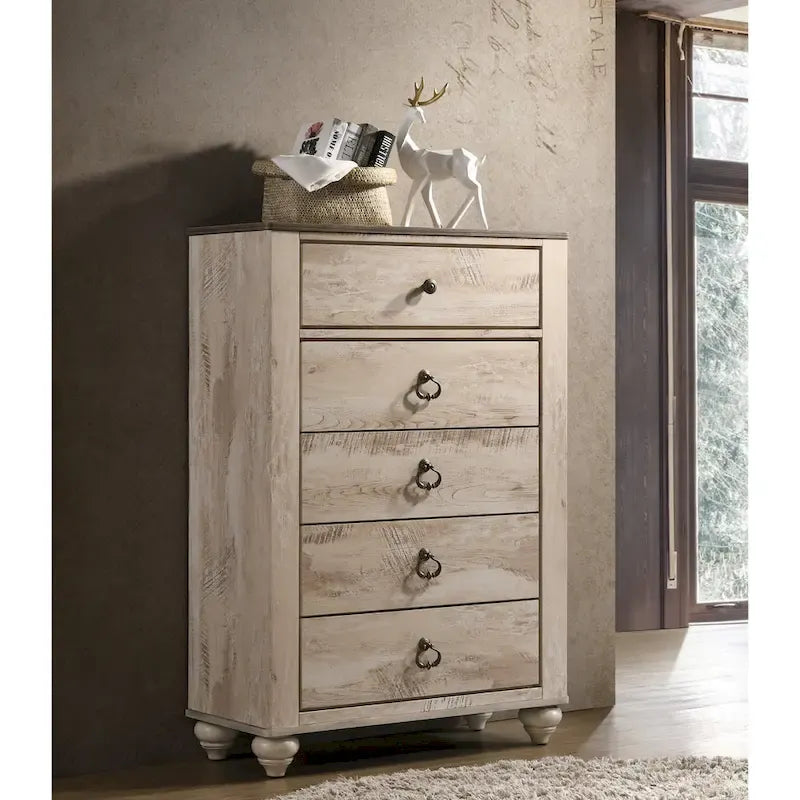 Ensemble de chambre à coucher King rustique blanchi, 6 pièces