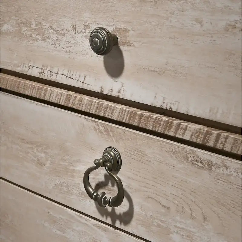 Ensemble de chambre à coucher King rustique blanchi, 6 pièces