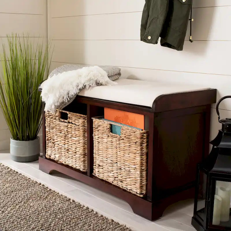 Banc de rangement tressé avec siège en lin et paniers, 34 larg. x 16 prof. x 20 haut., 1 place – cerise/gris/marron/blanc/noir