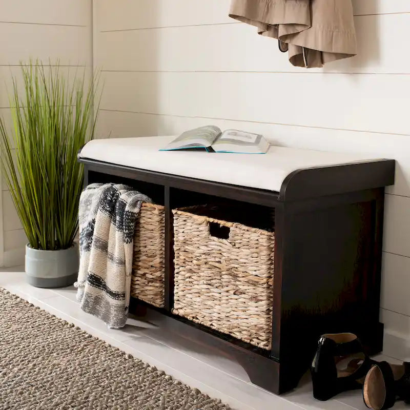 Banc de rangement tressé avec siège en lin et paniers, 34 larg. x 16 prof. x 20 haut., 1 place – cerise/gris/marron/blanc/noir