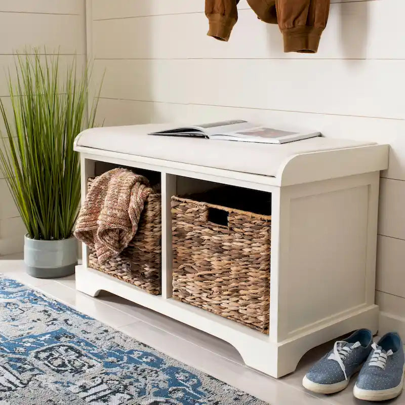 Banc de rangement tressé avec siège en lin et paniers, 34 larg. x 16 prof. x 20 haut., 1 place – cerise/gris/marron/blanc/noir