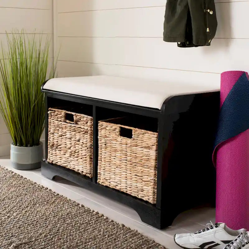 Banc de rangement tressé avec siège en lin et paniers, 34 larg. x 16 prof. x 20 haut., 1 place – cerise/gris/marron/blanc/noir
