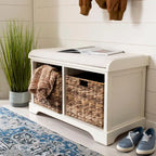 Banc de rangement tressé avec siège en lin et paniers, 34 larg. x 16 prof. x 20 haut., 1 place – cerise/gris/marron/blanc/noir