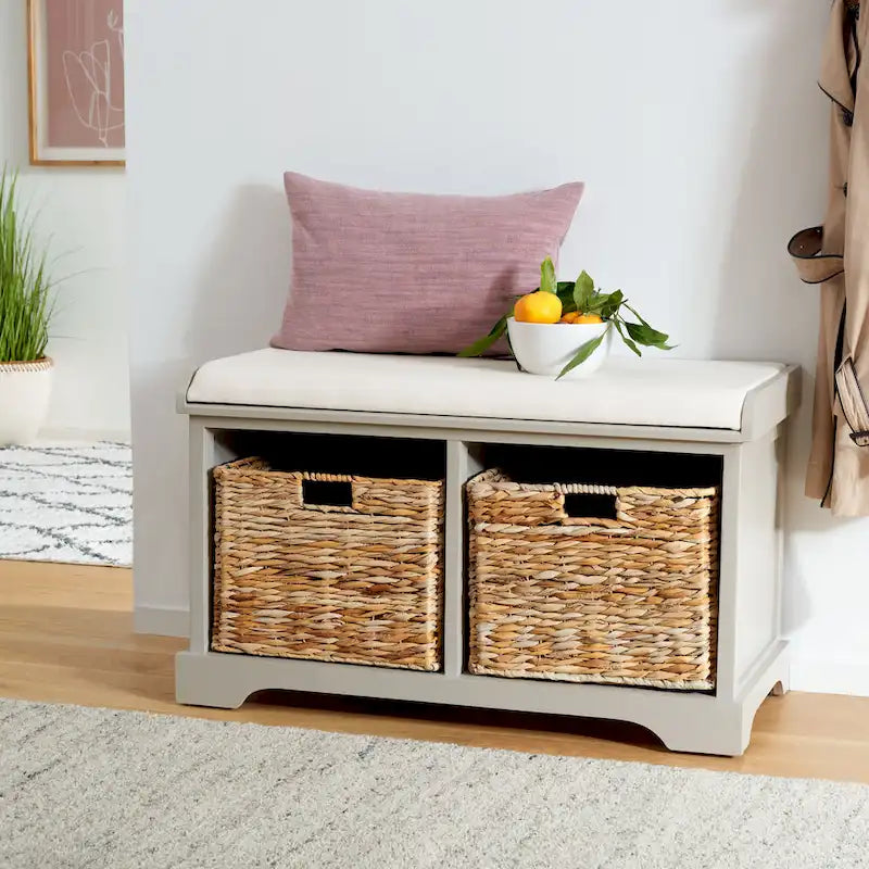 Banc de rangement tressé avec siège en lin et paniers, 34 larg. x 16 prof. x 20 haut., 1 place – cerise/gris/marron/blanc/noir