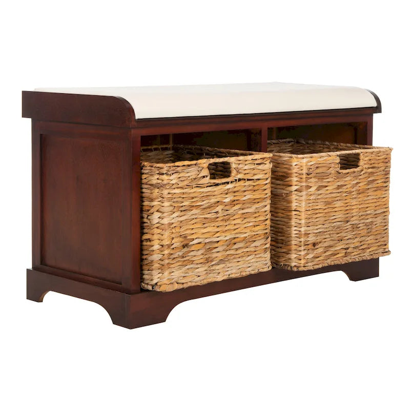 Banc de rangement tressé avec siège en lin et paniers, 34 larg. x 16 prof. x 20 haut., 1 place – cerise/gris/marron/blanc/noir