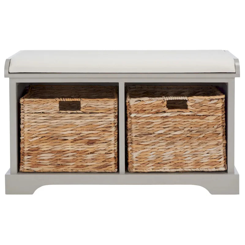 Banc de rangement tressé avec siège en lin et paniers, 34 larg. x 16 prof. x 20 haut., 1 place – cerise/gris/marron/blanc/noir
