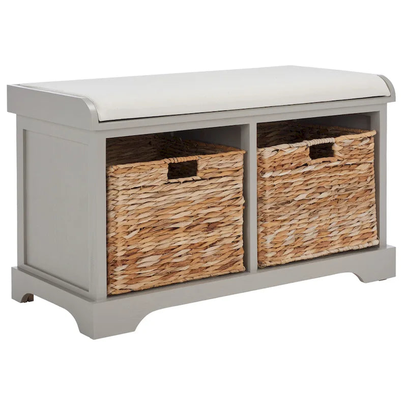 Banc de rangement tressé avec siège en lin et paniers, 34 larg. x 16 prof. x 20 haut., 1 place – cerise/gris/marron/blanc/noir