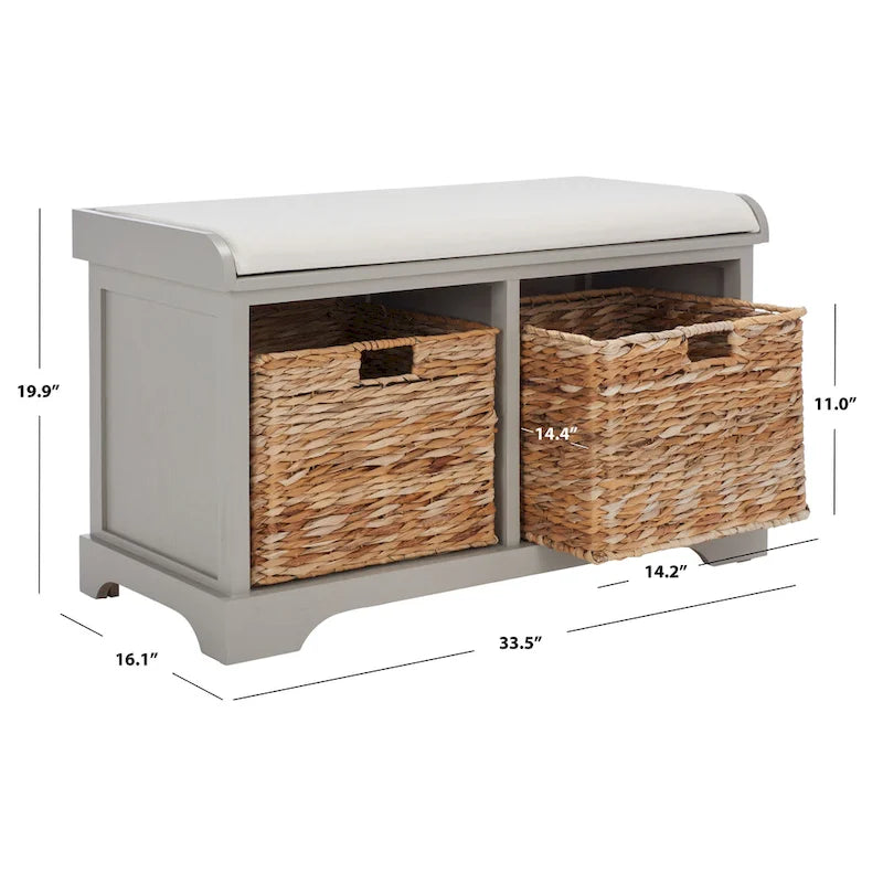 Banc de rangement tressé avec siège en lin et paniers, 34 larg. x 16 prof. x 20 haut., 1 place – cerise/gris/marron/blanc/noir