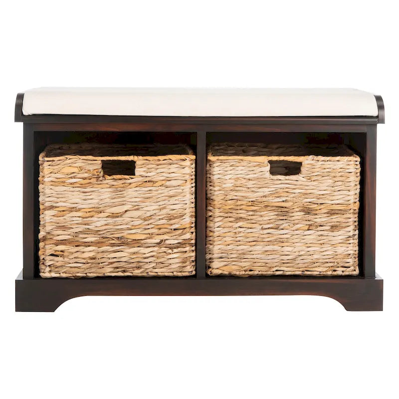 Banc de rangement tressé avec siège en lin et paniers, 34 larg. x 16 prof. x 20 haut., 1 place – cerise/gris/marron/blanc/noir