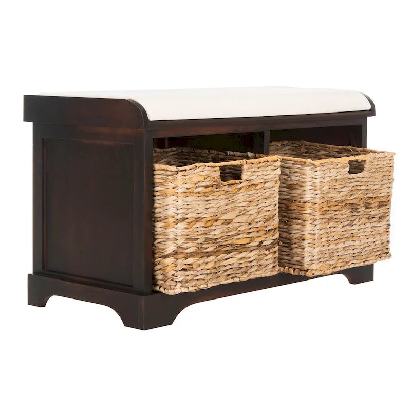 Banc de rangement tressé avec siège en lin et paniers, 34 larg. x 16 prof. x 20 haut., 1 place – cerise/gris/marron/blanc/noir
