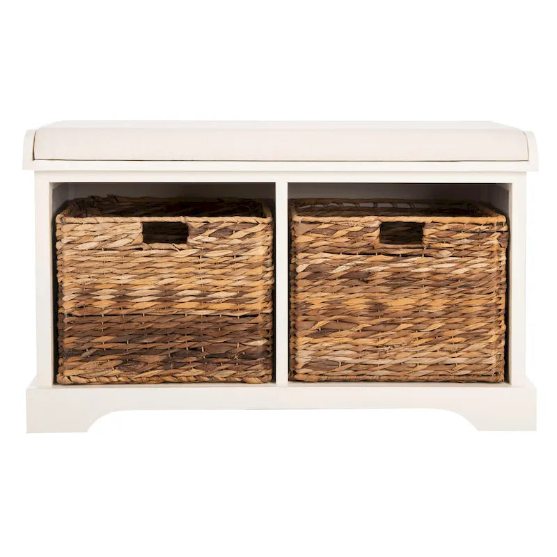 Banc de rangement tressé avec siège en lin et paniers, 34 larg. x 16 prof. x 20 haut., 1 place – cerise/gris/marron/blanc/noir