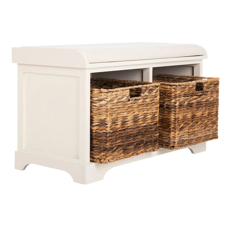 Banc de rangement tressé avec siège en lin et paniers, 34 larg. x 16 prof. x 20 haut., 1 place – cerise/gris/marron/blanc/noir