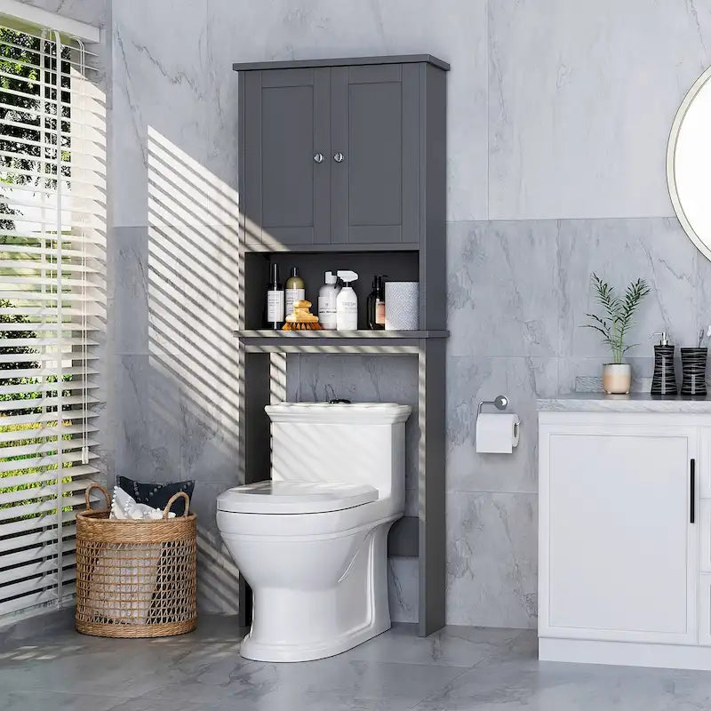 Meuble de rangement WC, bois/verre, noir/blanc/gris