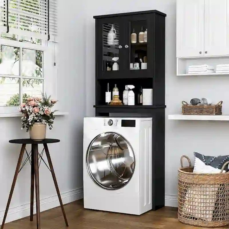 Meuble de rangement WC, bois/verre, noir/blanc/gris