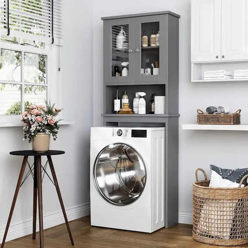 Meuble de rangement WC, bois/verre, noir/blanc/gris