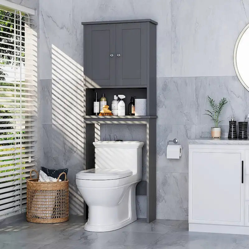Meuble de rangement WC, bois/verre, noir/blanc/gris