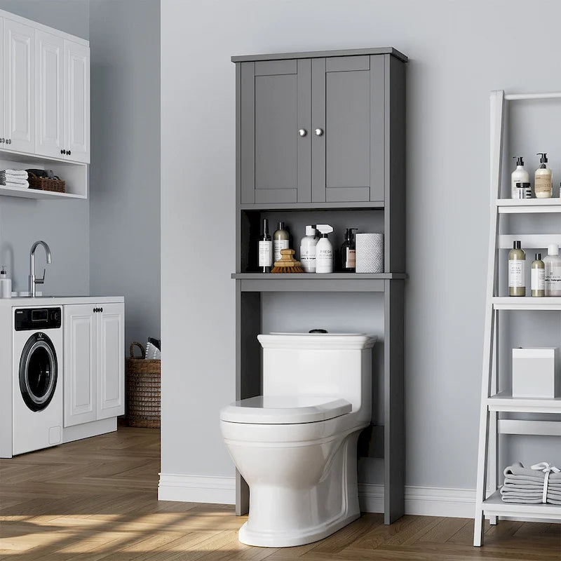 Meuble de rangement WC, bois/verre, noir/blanc/gris