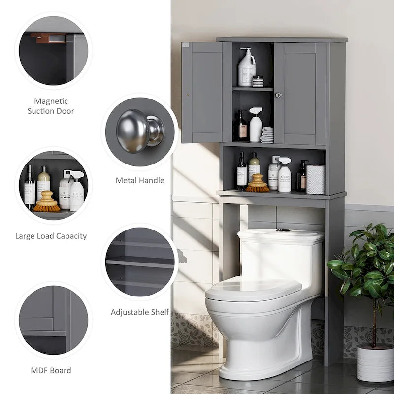 Meuble de rangement WC, bois/verre, noir/blanc/gris