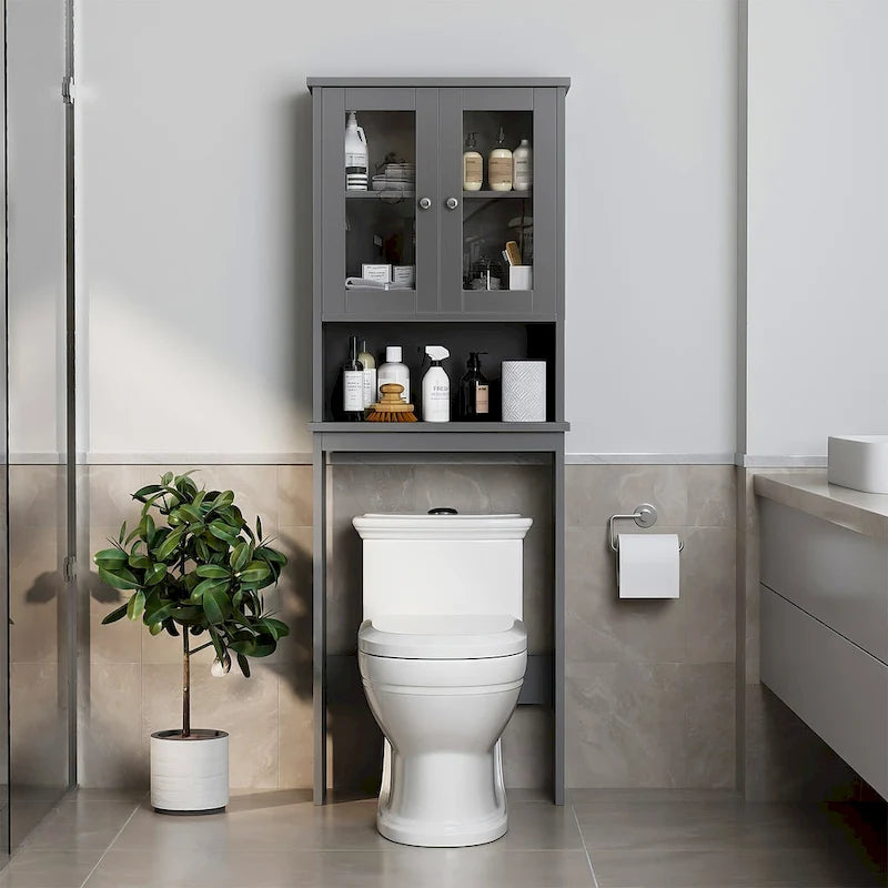 Meuble de rangement WC, bois/verre, noir/blanc/gris