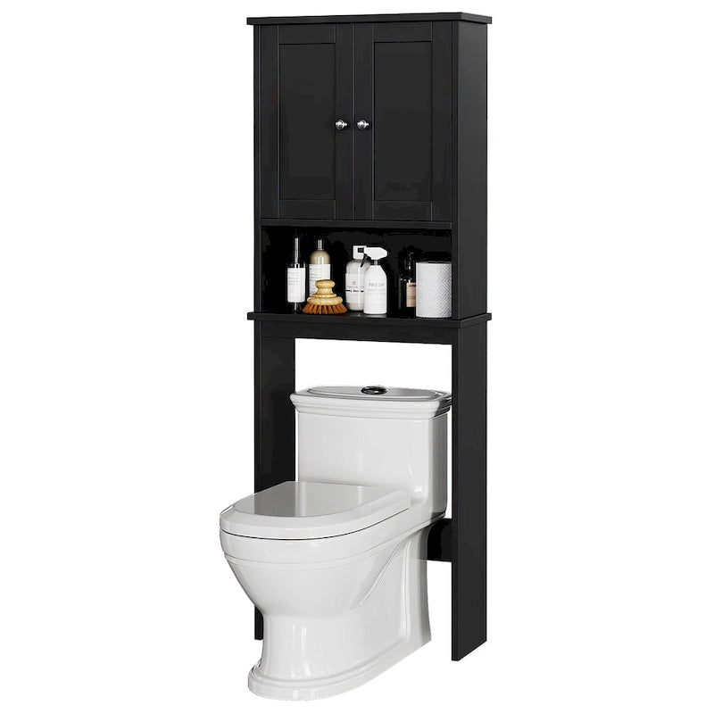 Meuble de rangement WC, bois/verre, noir/blanc/gris