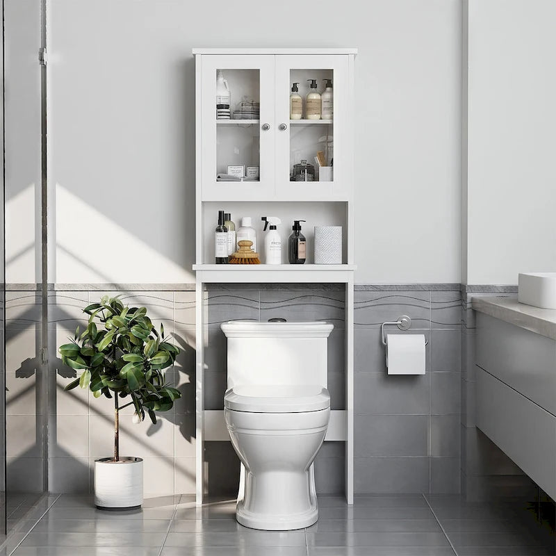 Meuble de rangement WC, bois/verre, noir/blanc/gris