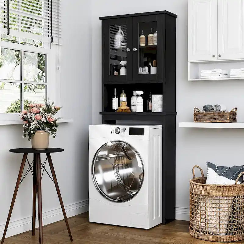 Meuble de rangement WC, bois/verre, noir/blanc/gris