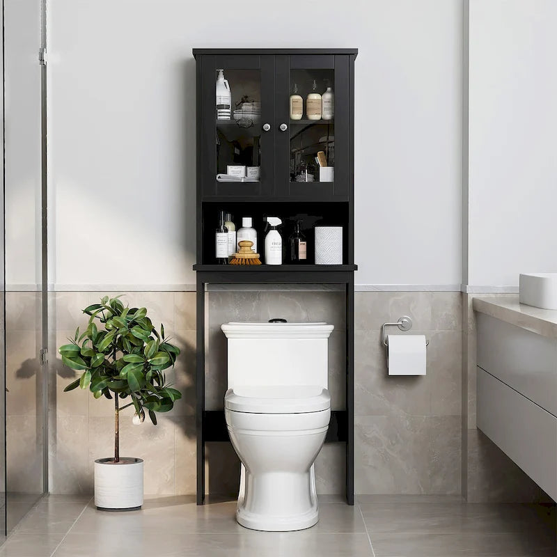 Meuble de rangement WC, bois/verre, noir/blanc/gris