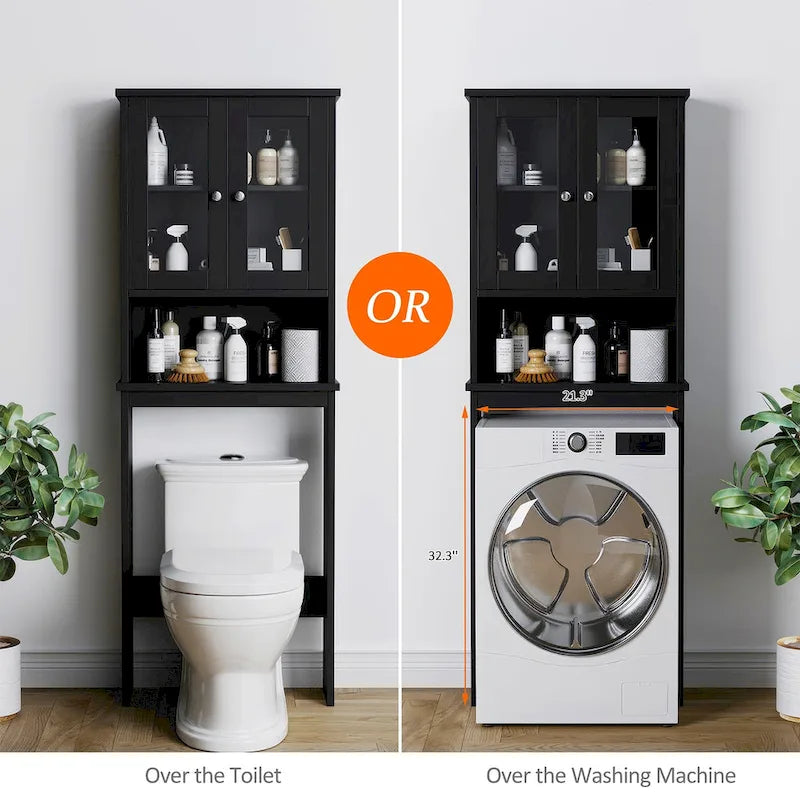 Meuble de rangement WC, bois/verre, noir/blanc/gris