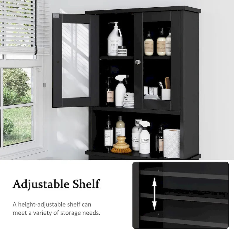 Meuble de rangement WC, bois/verre, noir/blanc/gris