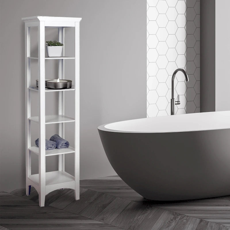 Tour de rangement pour linge de maison autoportante blanche avec 5 étagères ouvertes, 33 cm (L) x 38,1 cm (l) x 160 cm (H)