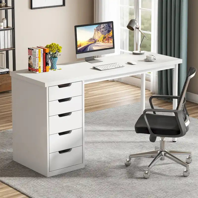 Bureau informatique de 47 pouces avec 5 tiroirs, en bois et métal, pour bureau ou salon