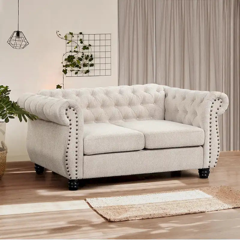 Causeuse capitonnée Chesterfield beige, 2 places