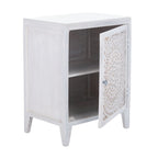 Table de chevet à porte unique en bois sculpté – Noyer brun / lavé blanc / gris