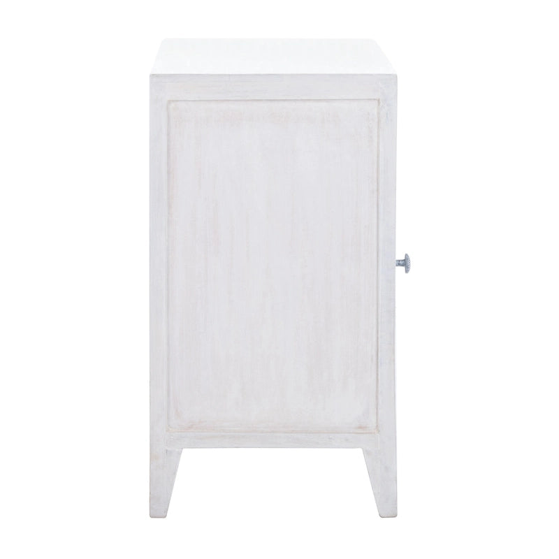 Table de chevet à porte unique en bois sculpté – Noyer brun / lavé blanc / gris