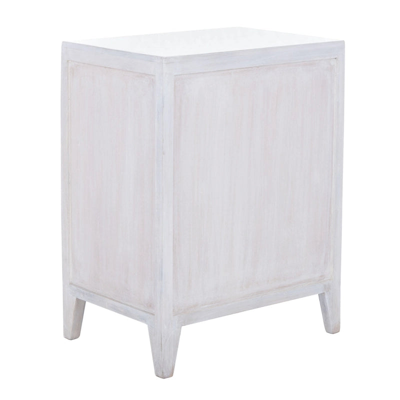 Table de chevet à porte unique en bois sculpté – Noyer brun / lavé blanc / gris