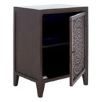 Table de chevet à porte unique en bois sculpté – Noyer brun / lavé blanc / gris