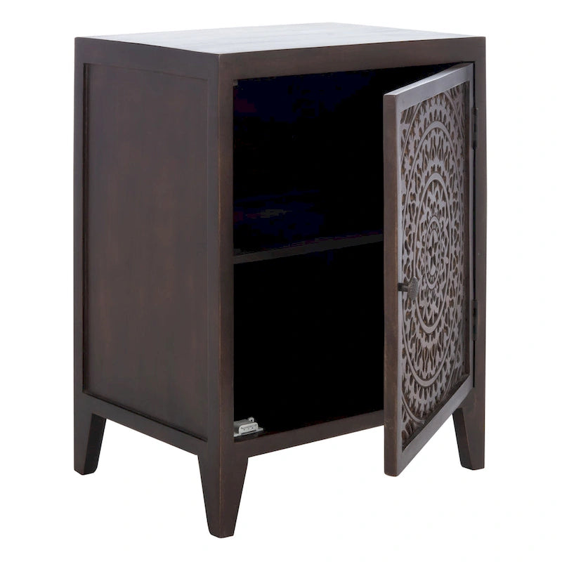 Table de chevet à porte unique en bois sculpté – Noyer brun / lavé blanc / gris