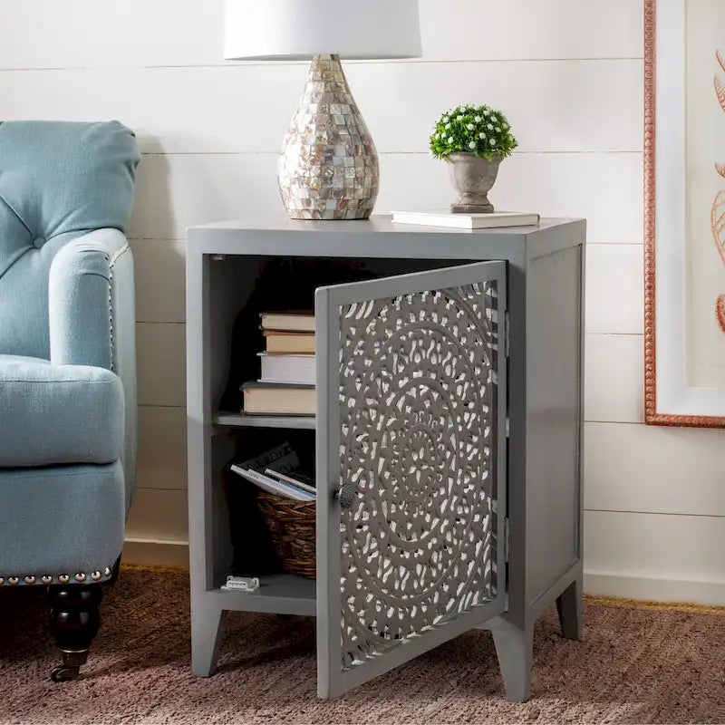 Table de chevet à porte unique en bois sculpté – Noyer brun / lavé blanc / gris