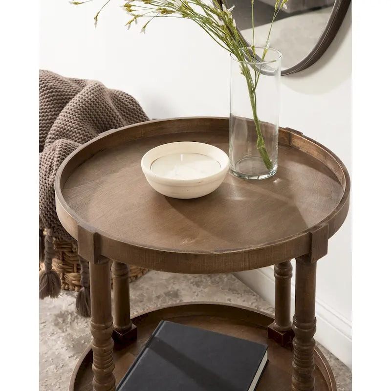Table d'appoint ronde en bois avec étagère, gris / blanc / marron rustique / noir