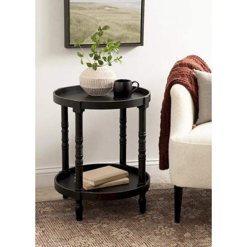 Table d'appoint ronde en bois avec étagère, gris / blanc / marron rustique / noir