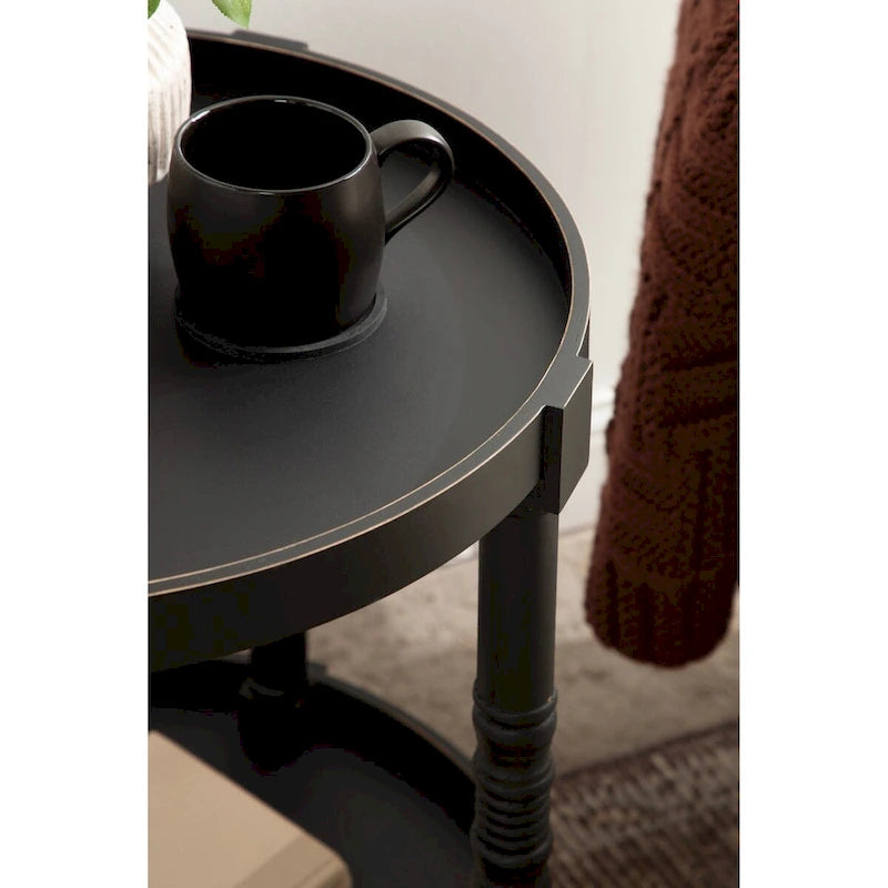 Table d'appoint ronde en bois avec étagère, gris / blanc / marron rustique / noir