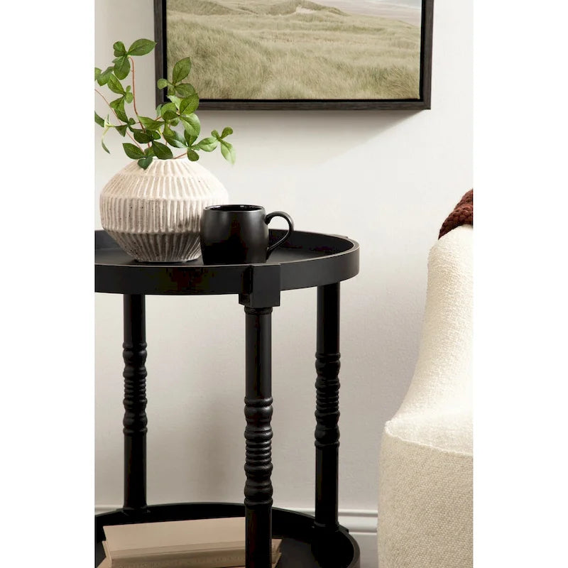 Table d'appoint ronde en bois avec étagère, gris / blanc / marron rustique / noir