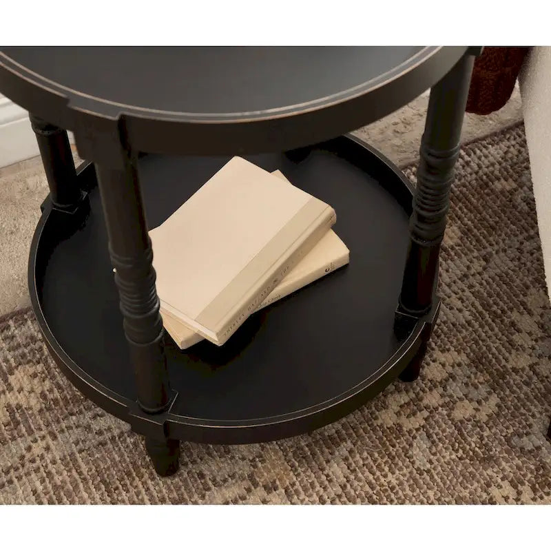 Table d'appoint ronde en bois avec étagère, gris / blanc / marron rustique / noir