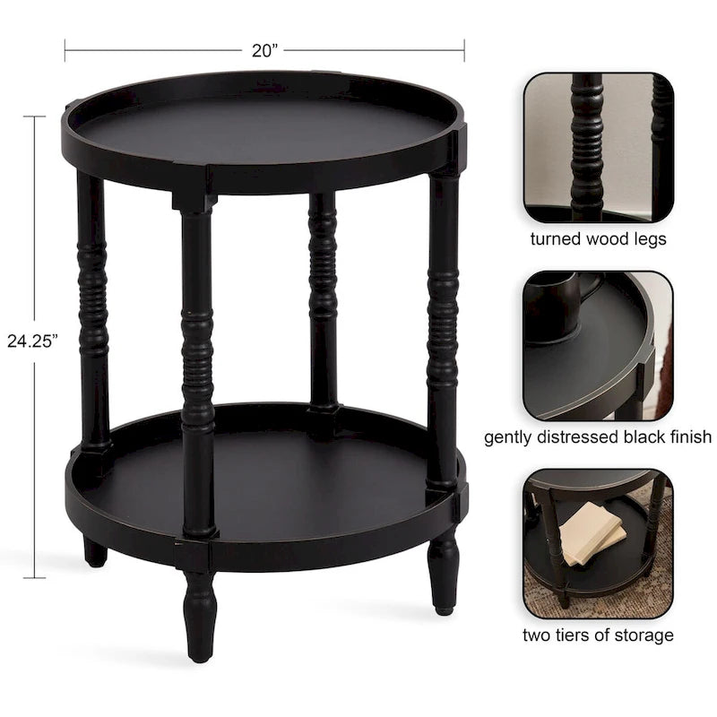 Table d'appoint ronde en bois avec étagère, gris / blanc / marron rustique / noir